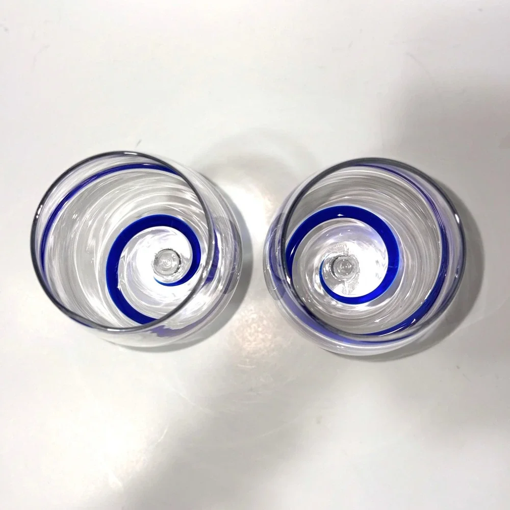 Pier 1 Import Cobalt Blue Swirl Line Wine Goblet Glass 20oz Set of 2 Hand Blown